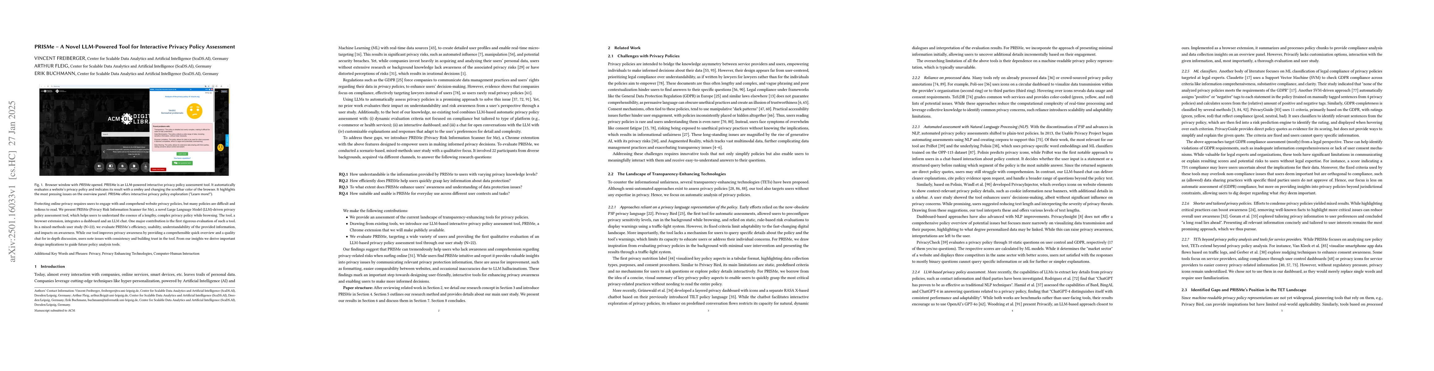 Thumbnail for PRISMe: A Novel LLM-Powered Tool for Interactive Privacy Policy
  Assessment