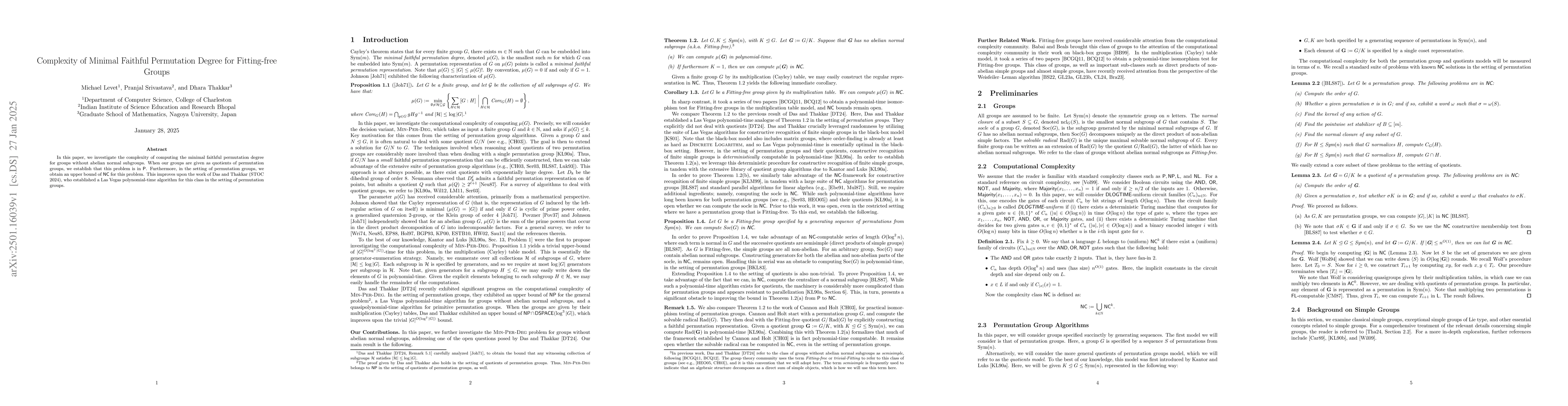 Thumbnail for Complexity of Minimal Faithful Permutation Degree for Fitting-free
  Groups