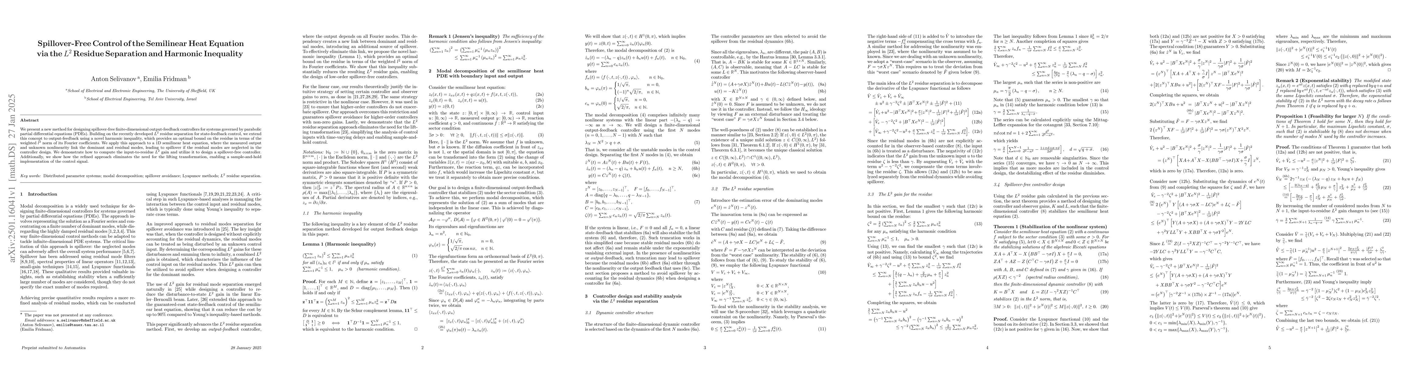 Thumbnail for Spillover-Free Control of the Semilinear Heat Equation via the $L^2$
  Residue Separation and Harmonic Inequality