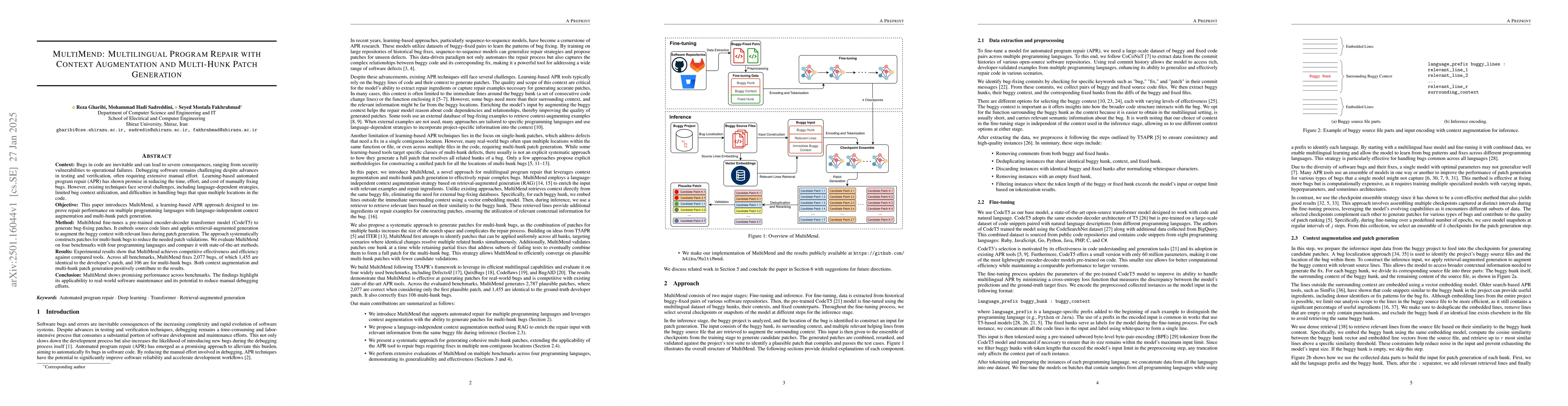 Thumbnail for MultiMend: Multilingual Program Repair with Context Augmentation and
  Multi-Hunk Patch Generation