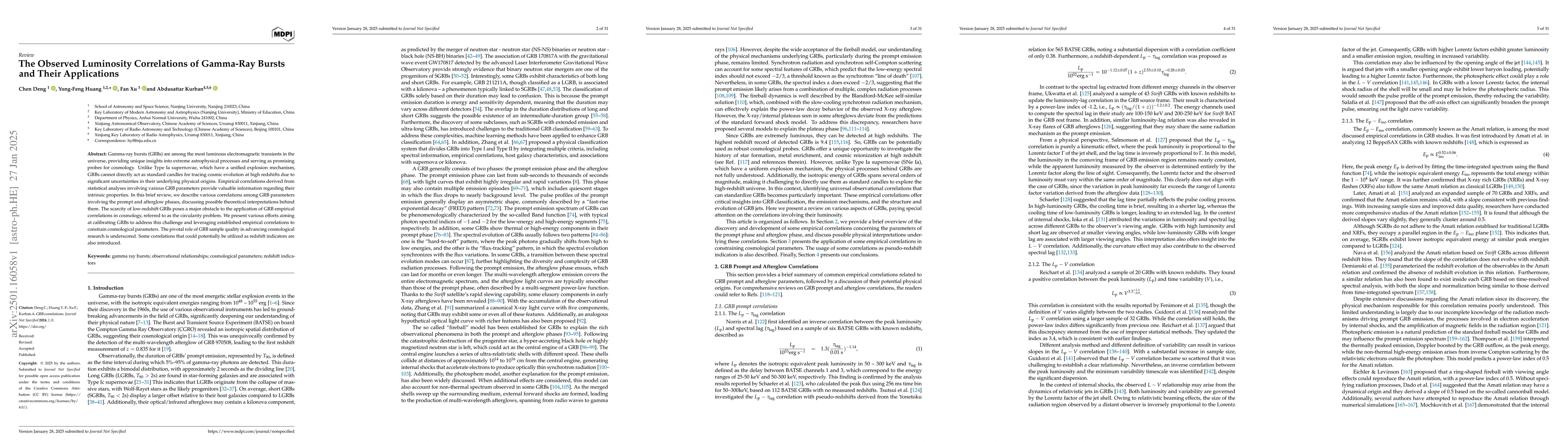 Thumbnail for The Observed Luminosity Correlations of Gamma-Ray Bursts and Their
  Applications