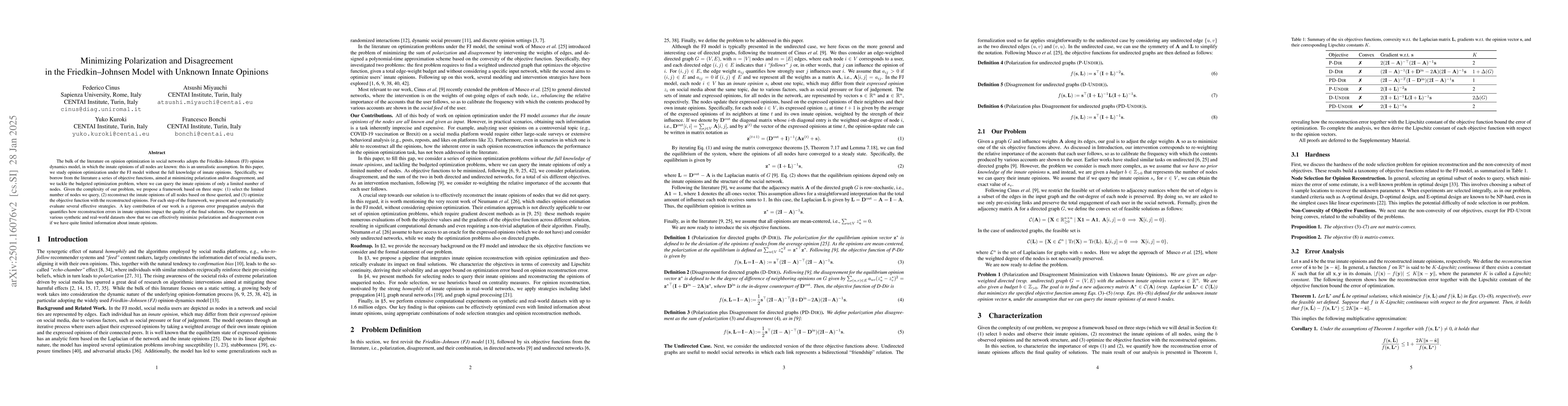 Thumbnail for Minimizing Polarization and Disagreement in the Friedkin-Johnsen Model
  with Unknown Innate Opinions