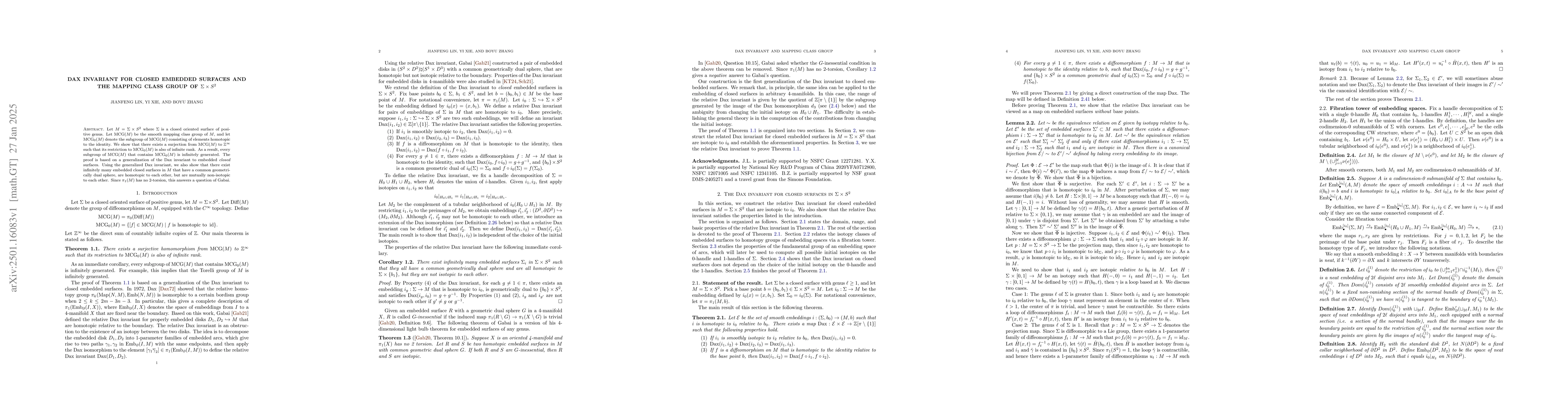 Thumbnail for Dax invariant for closed embedded surfaces and the mapping class group
  of $Σ\times S^2$