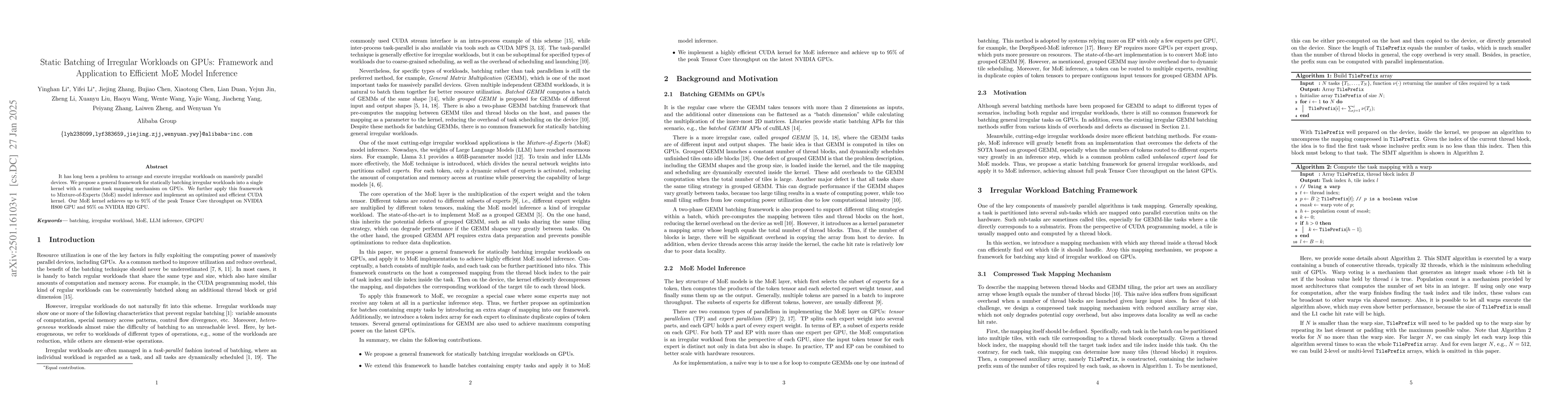 Thumbnail for Static Batching of Irregular Workloads on GPUs: Framework and
  Application to Efficient MoE Model Inference