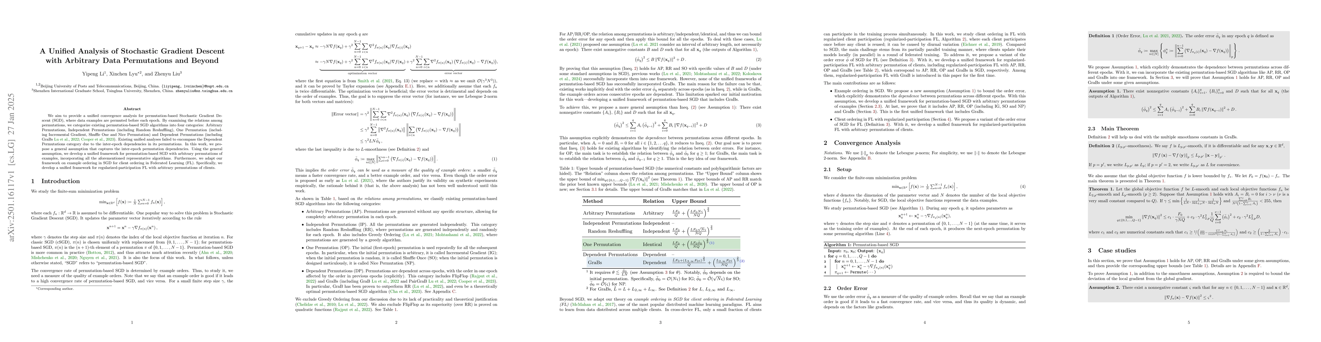 Thumbnail for A Unified Analysis of Stochastic Gradient Descent with Arbitrary Data
  Permutations and Beyond