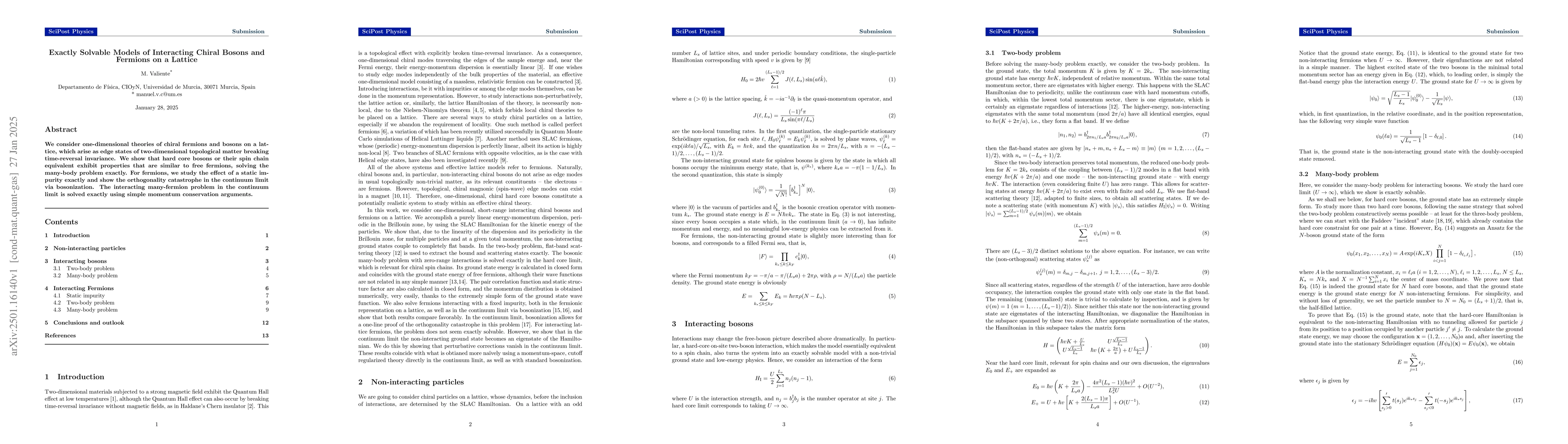 Thumbnail for Exactly Solvable Models of Interacting Chiral Bosons and Fermions on a
  Lattice