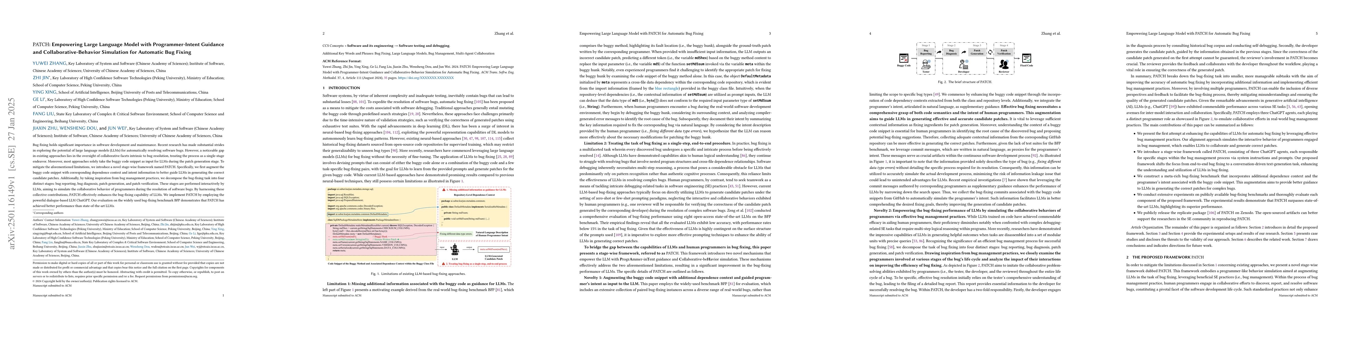 Thumbnail for PATCH: Empowering Large Language Model with Programmer-Intent Guidance
  and Collaborative-Behavior Simulation for Automatic Bug Fixing