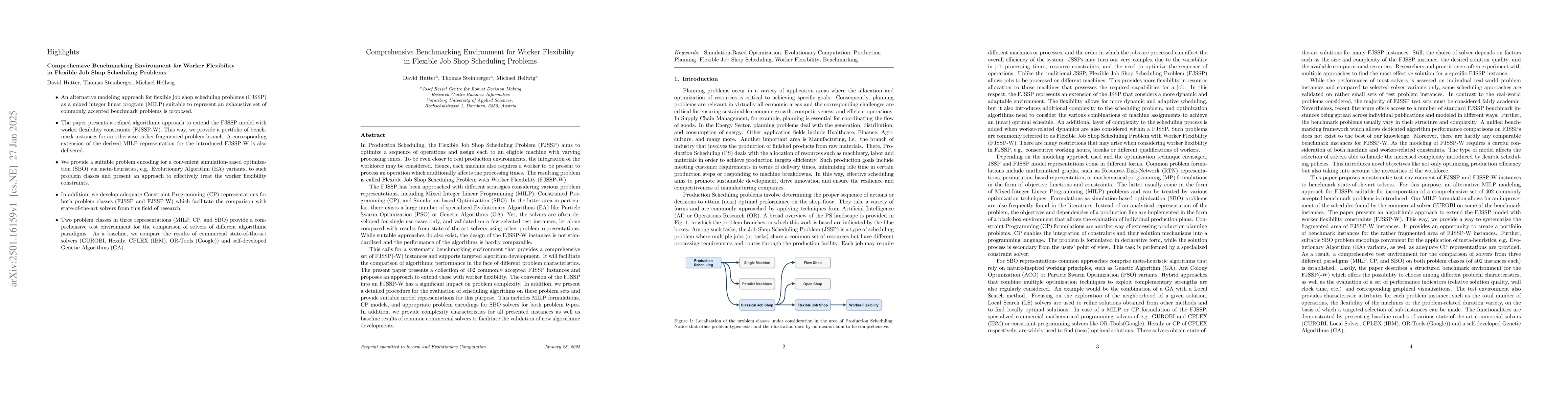 Thumbnail for Comprehensive Benchmarking Environment for Worker Flexibility in
  Flexible Job Shop Scheduling Problems