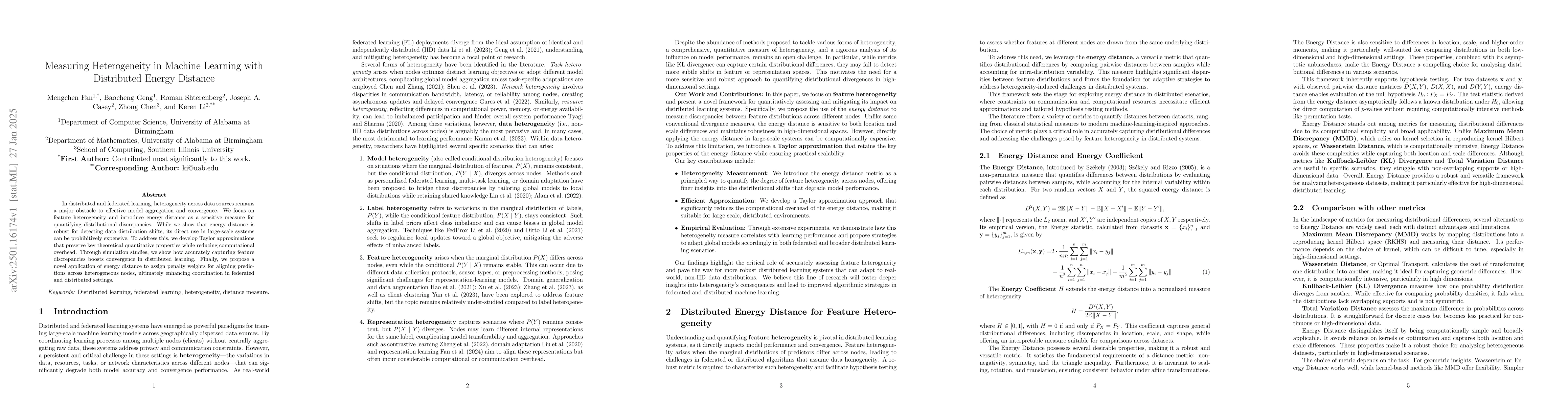 Thumbnail for Measuring Heterogeneity in Machine Learning with Distributed Energy
  Distance