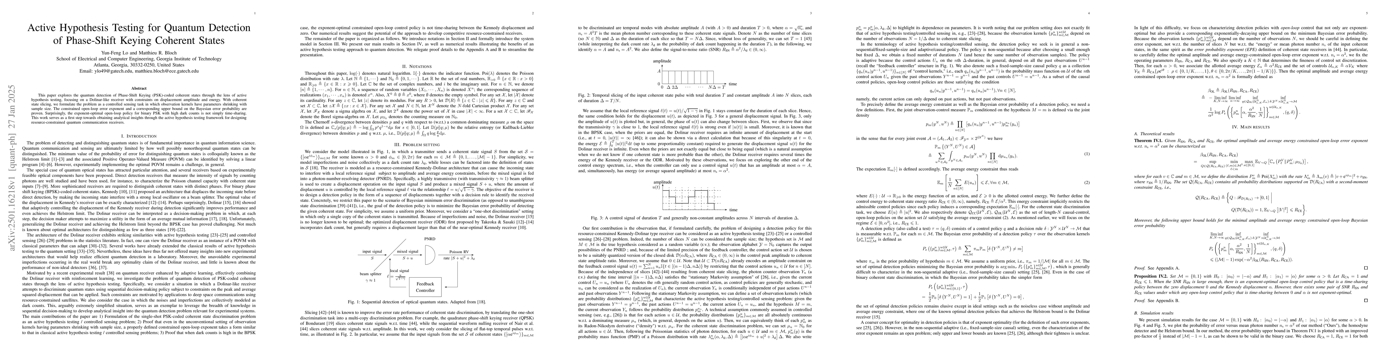Thumbnail for Active Hypothesis Testing for Quantum Detection of Phase-Shift Keying
  Coherent States