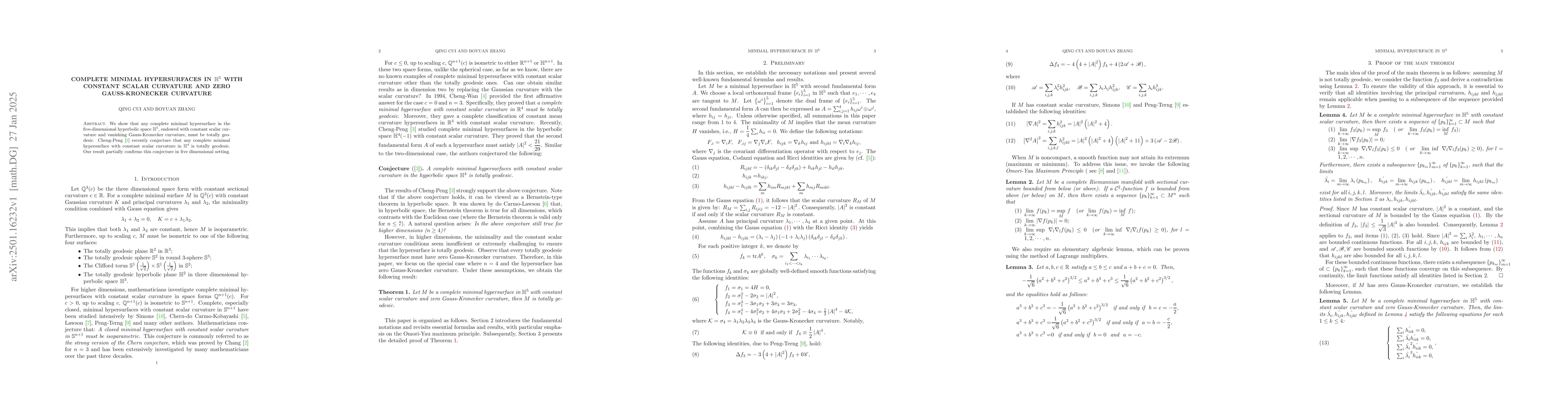 Thumbnail for Complete minimal hypersurfaces in $\mathbb H^5$ with constant scalar
  curvature and zero Gauss-Kronecker curvature
