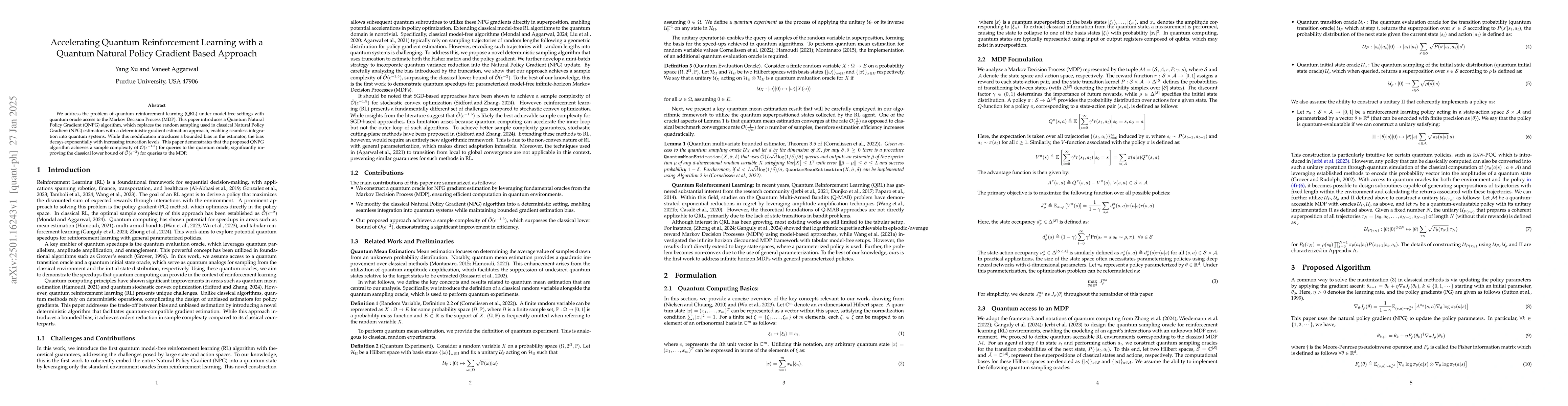 Thumbnail for Accelerating Quantum Reinforcement Learning with a Quantum Natural
  Policy Gradient Based Approach