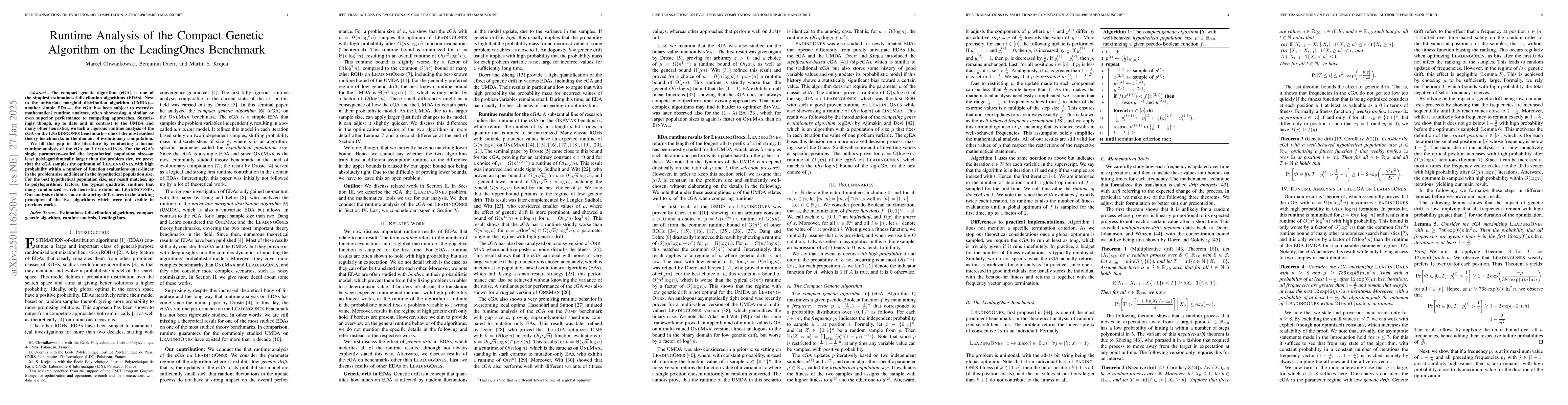 Thumbnail for Runtime Analysis of the Compact Genetic Algorithm on the LeadingOnes
  Benchmark