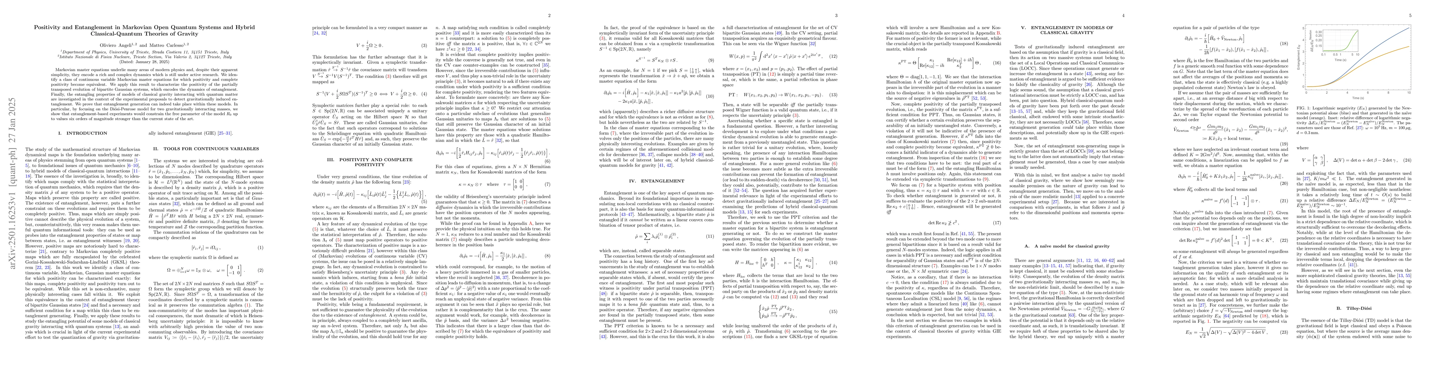 Thumbnail for Positivity and Entanglement in Markovian Open Quantum Systems and Hybrid
  Classical-Quantum Theories of Gravity