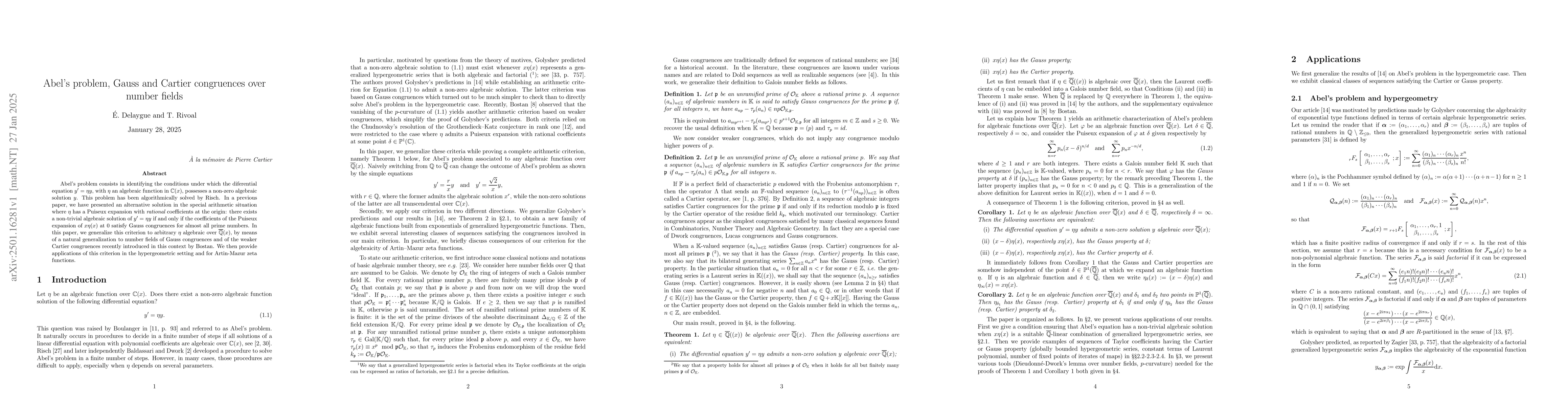 Thumbnail for Abel's problem, Gauss and Cartier congruences over number fields