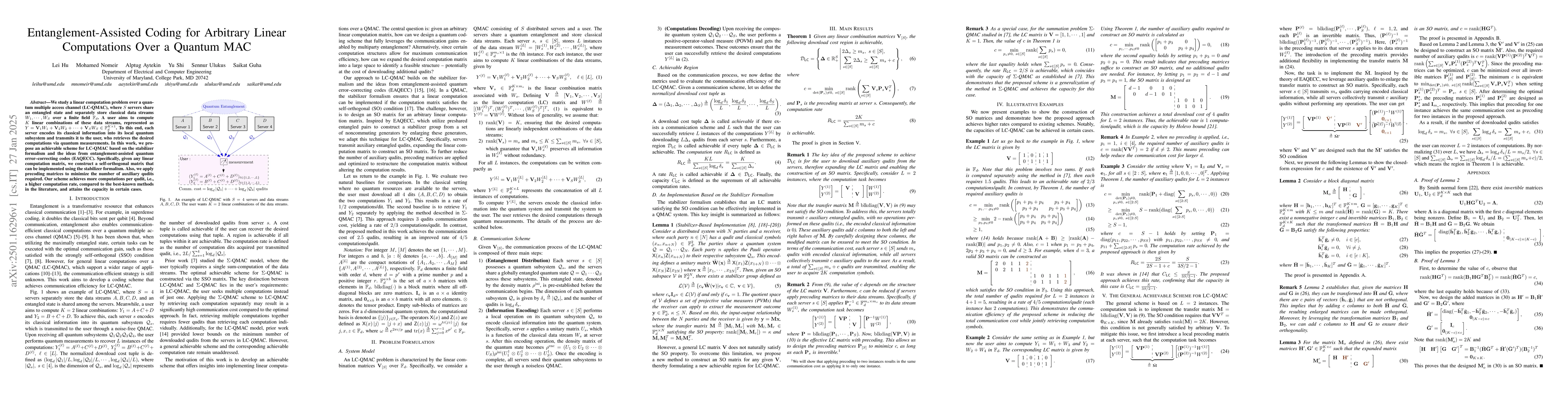 Thumbnail for Entanglement-Assisted Coding for Arbitrary Linear Computations Over a
  Quantum MAC
