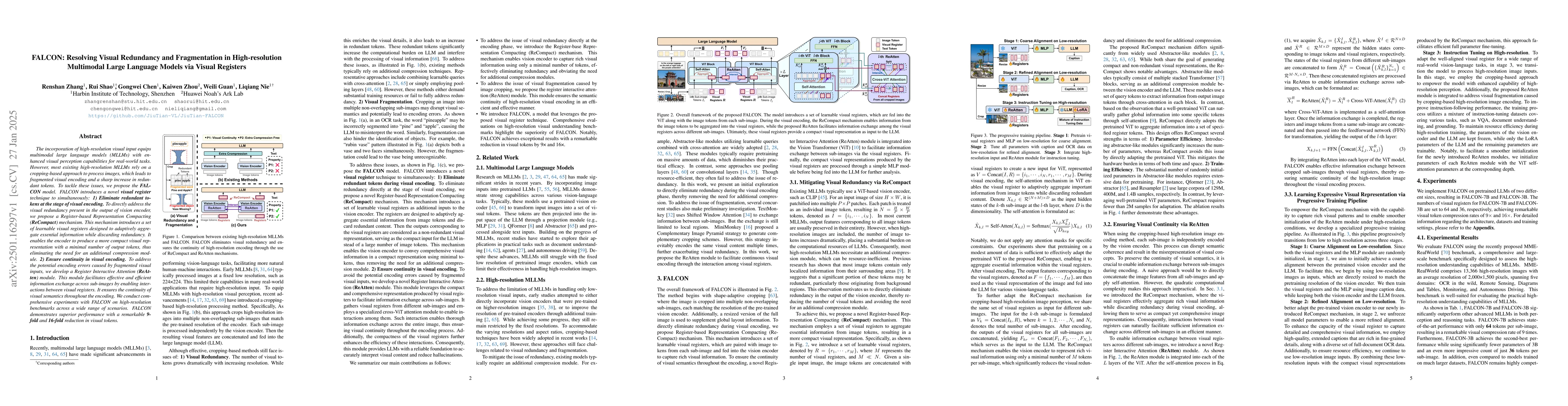 Thumbnail for FALCON: Resolving Visual Redundancy and Fragmentation in High-resolution
  Multimodal Large Language Models via Visual Registers
