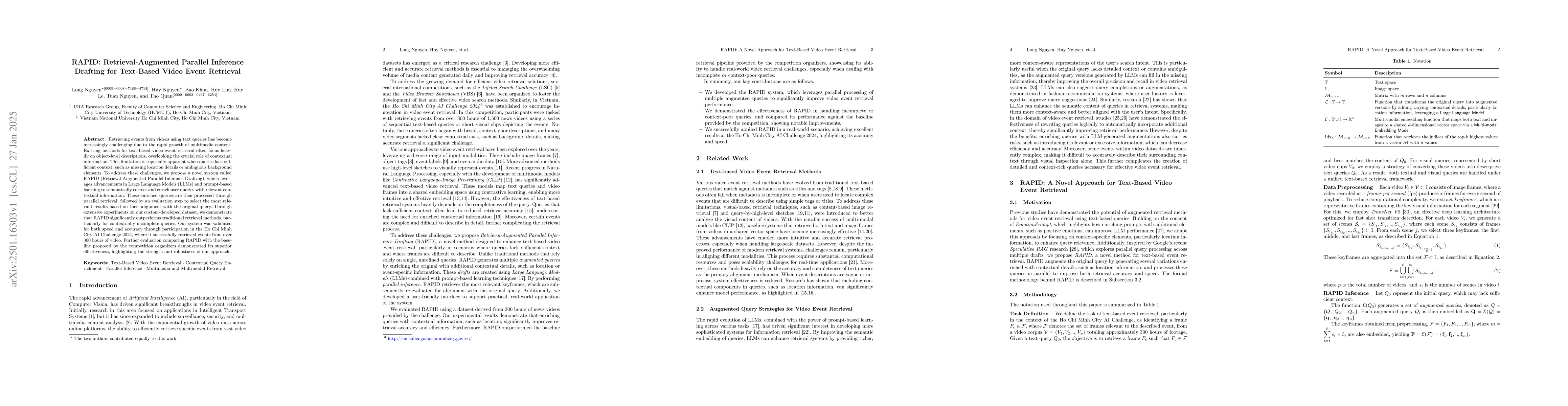 Thumbnail for RAPID: Retrieval-Augmented Parallel Inference Drafting for Text-Based
  Video Event Retrieval