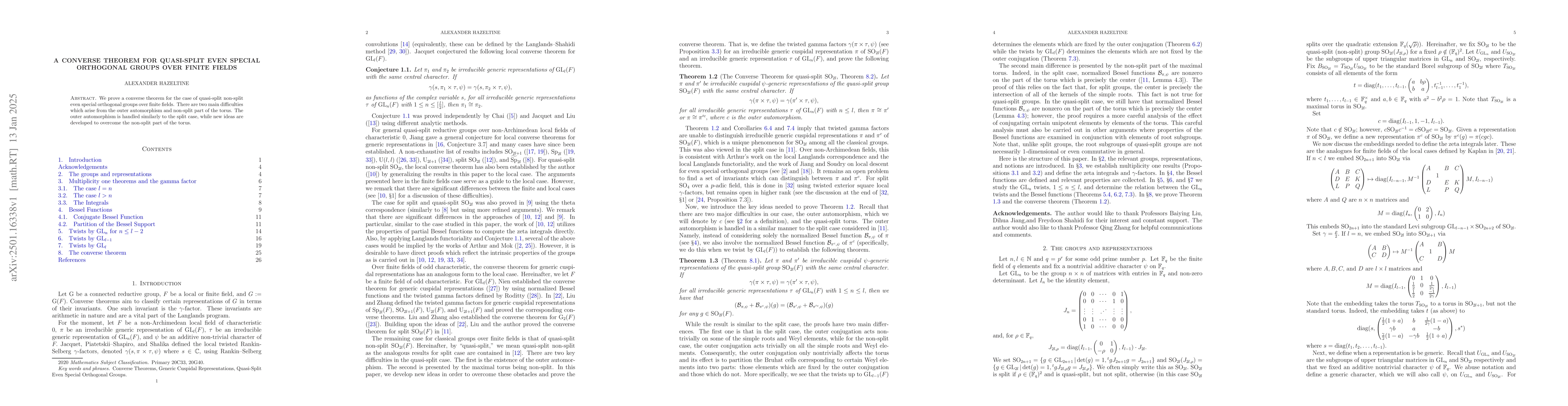 Thumbnail for A converse theorem for quasi-split even special orthogonal groups over
  finite fields