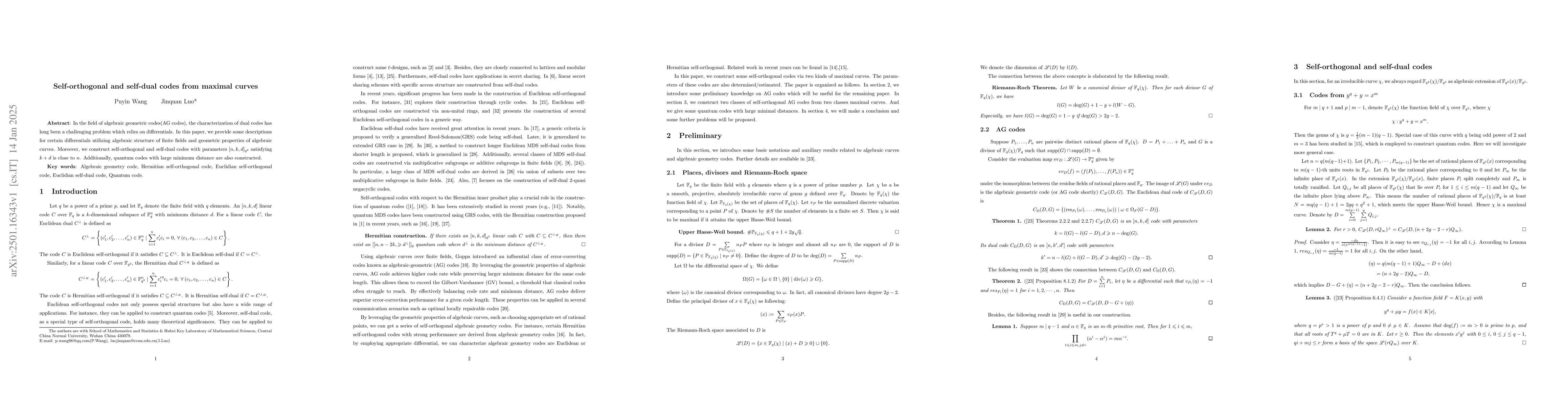 Thumbnail for Self-orthogonal and self-dual codes from maximal curves
