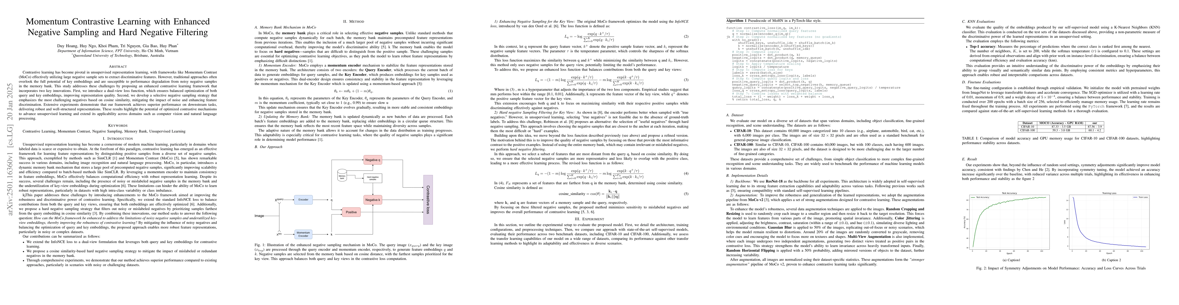 Thumbnail for Momentum Contrastive Learning with Enhanced Negative Sampling and Hard
  Negative Filtering