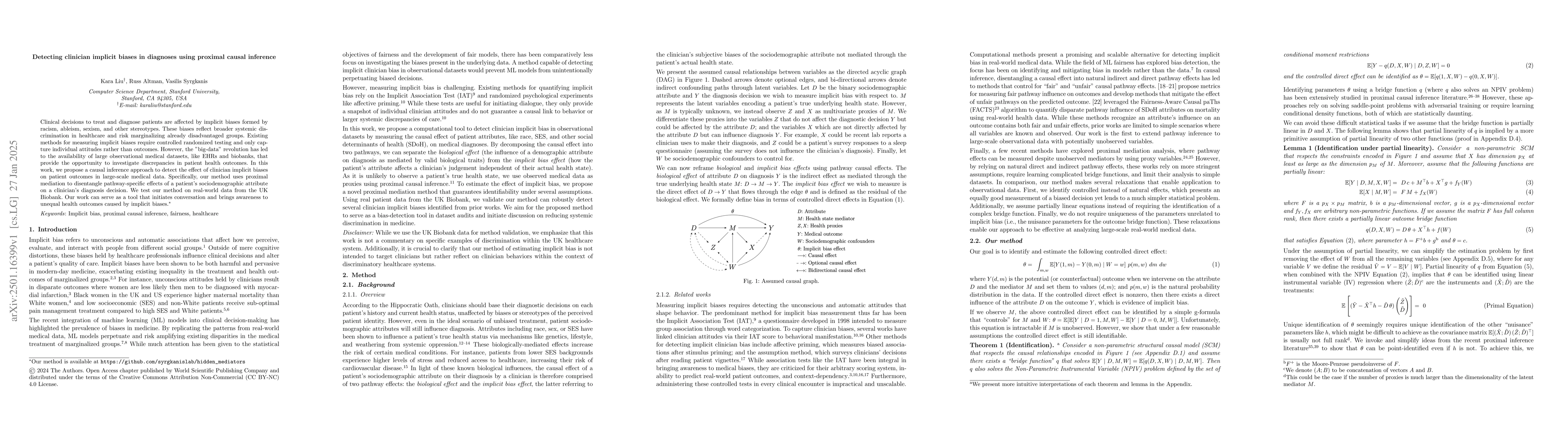 Thumbnail for Detecting clinician implicit biases in diagnoses using proximal causal
  inference