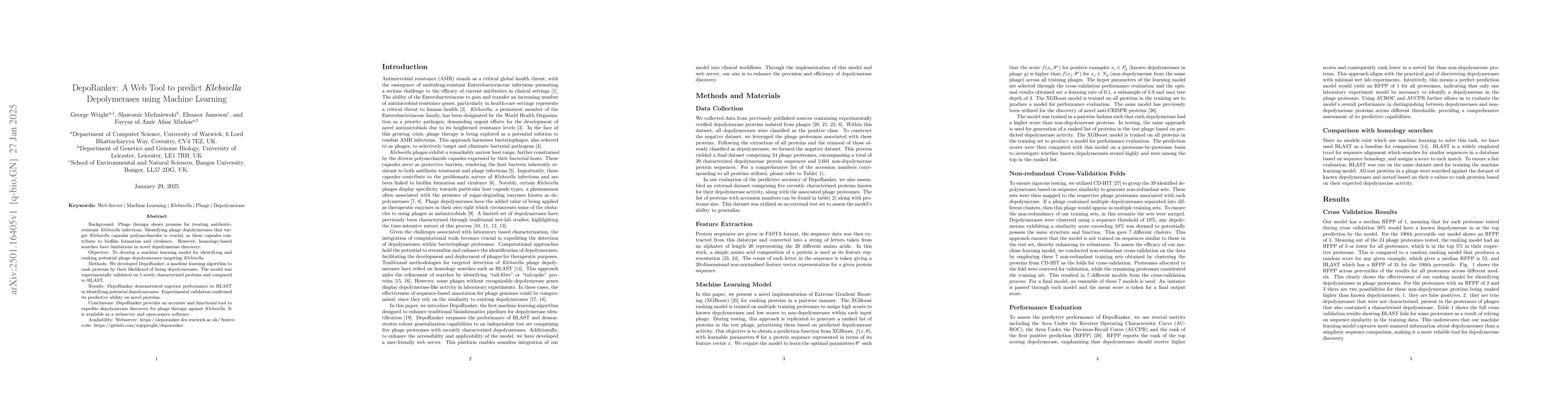 Thumbnail for DepoRanker: A Web Tool to predict Klebsiella Depolymerases using Machine
  Learning