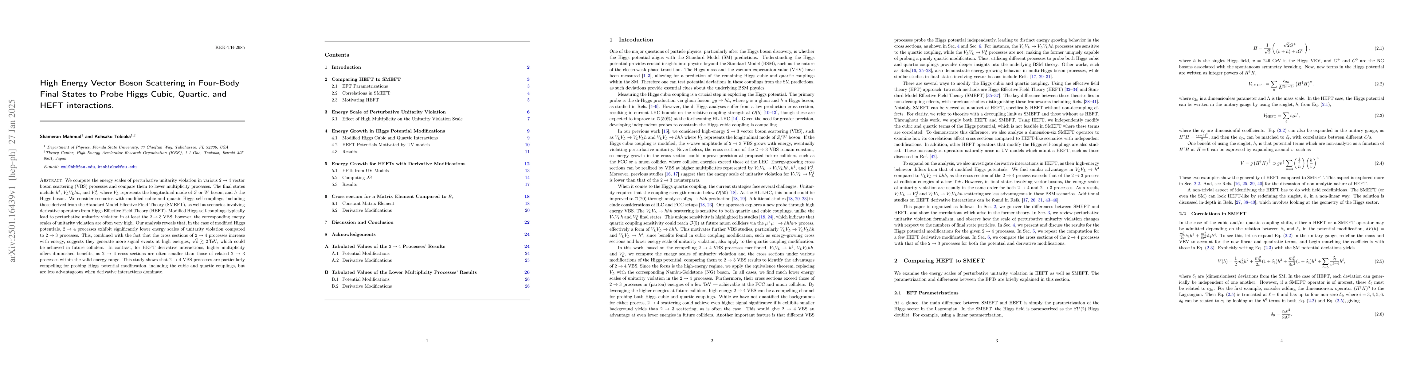 Thumbnail for High Energy Vector Boson Scattering in Four-Body Final States to Probe
  Higgs Cubic, Quartic, and HEFT interactions