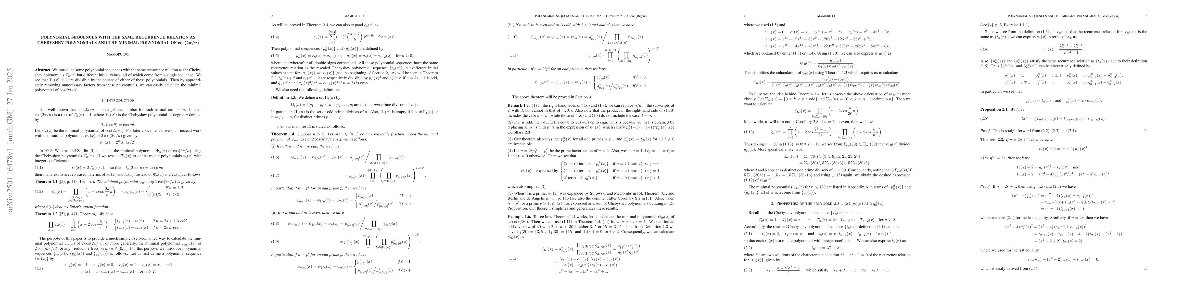 Thumbnail for Polynomial sequences with the same recurrence relation as Chebyshev
  polynomials and the minimal polynomial of $\cos (2π/n)$