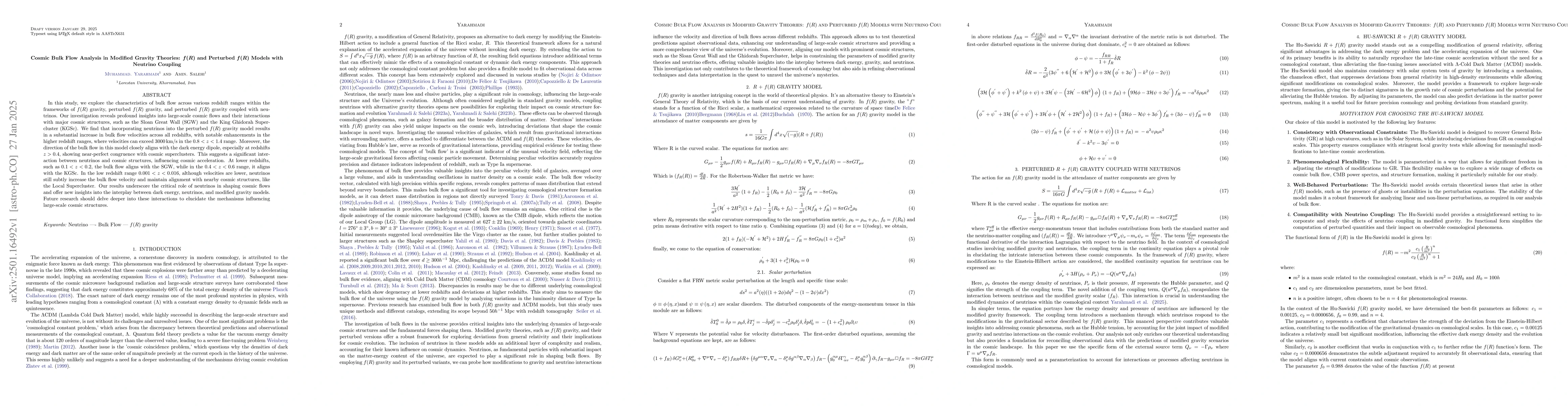 Thumbnail for Cosmic Bulk Flow Analysis in Modified Gravity Theories: $f(R)$ and
  Perturbed $f(R)$ Models with Neutrino Coupling
