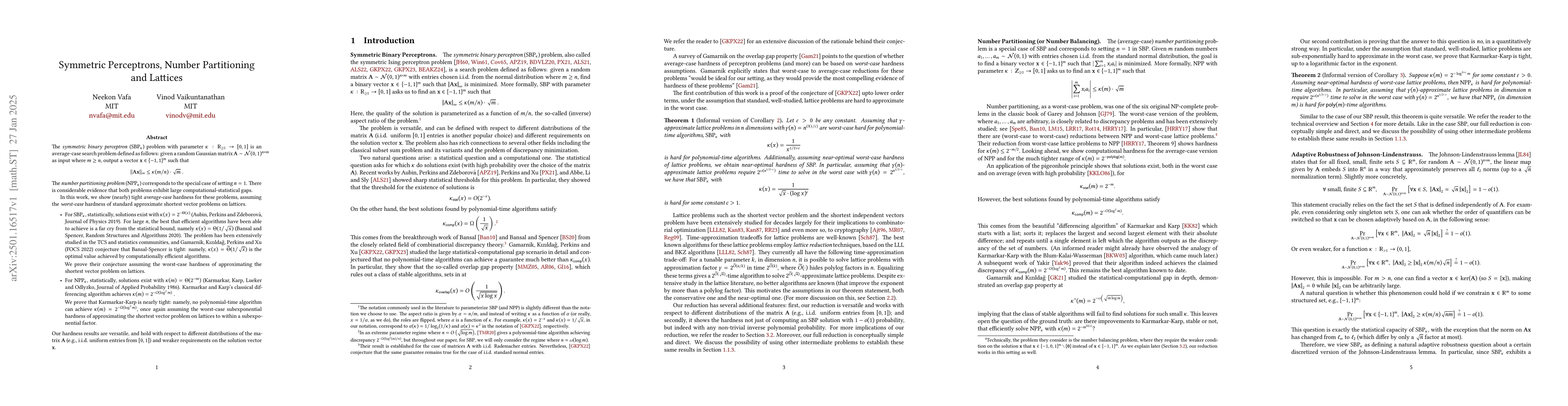 Thumbnail for Symmetric Perceptrons, Number Partitioning and Lattices