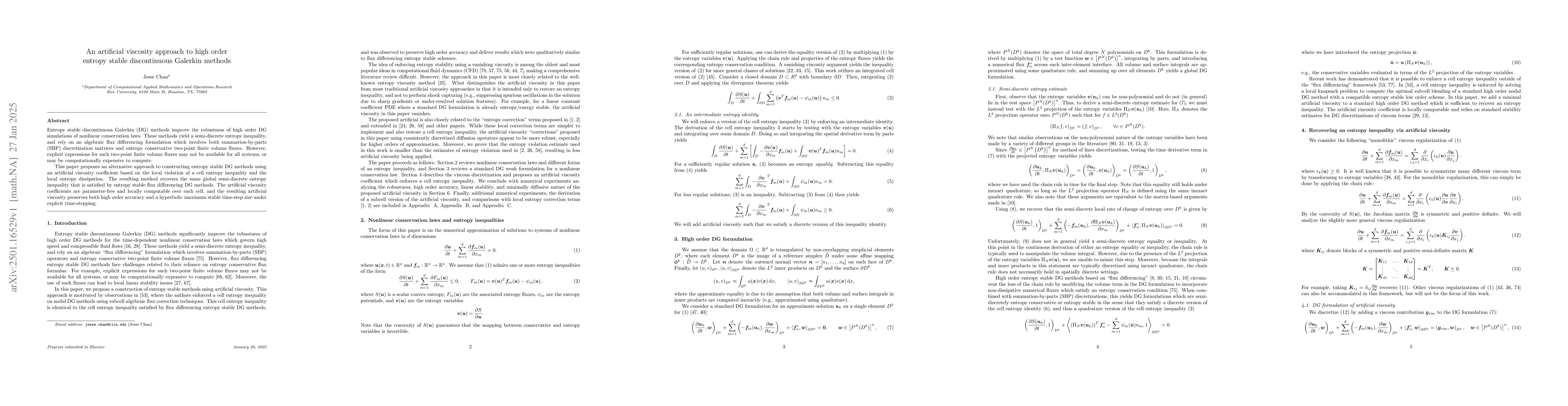Thumbnail for An artificial viscosity approach to high order entropy stable
  discontinuous Galerkin methods