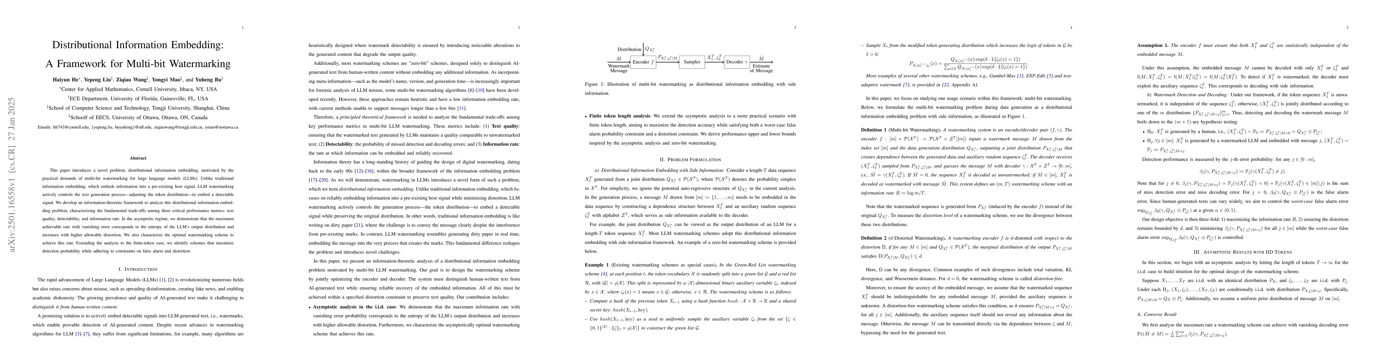Thumbnail for Distributional Information Embedding: A Framework for Multi-bit
  Watermarking