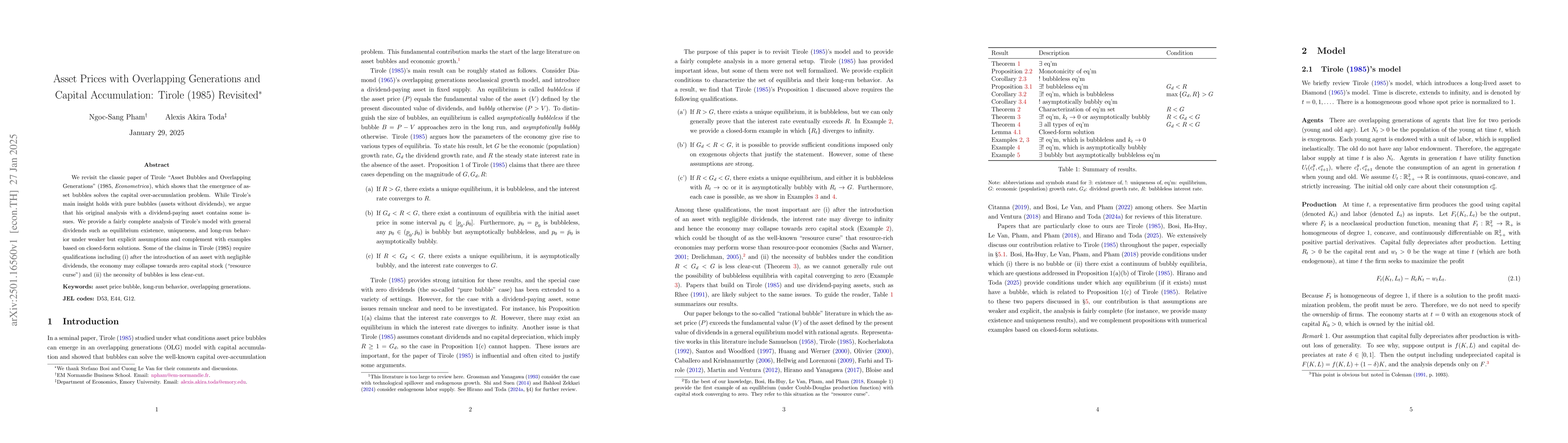 Thumbnail for Asset Prices with Overlapping Generations and Capital Accumulation:
  Tirole (1985) Revisited