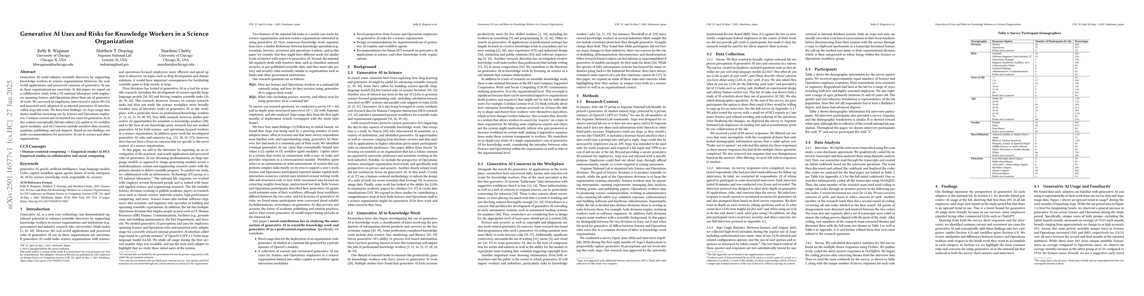 Thumbnail for Generative AI Uses and Risks for Knowledge Workers in a Science
  Organization