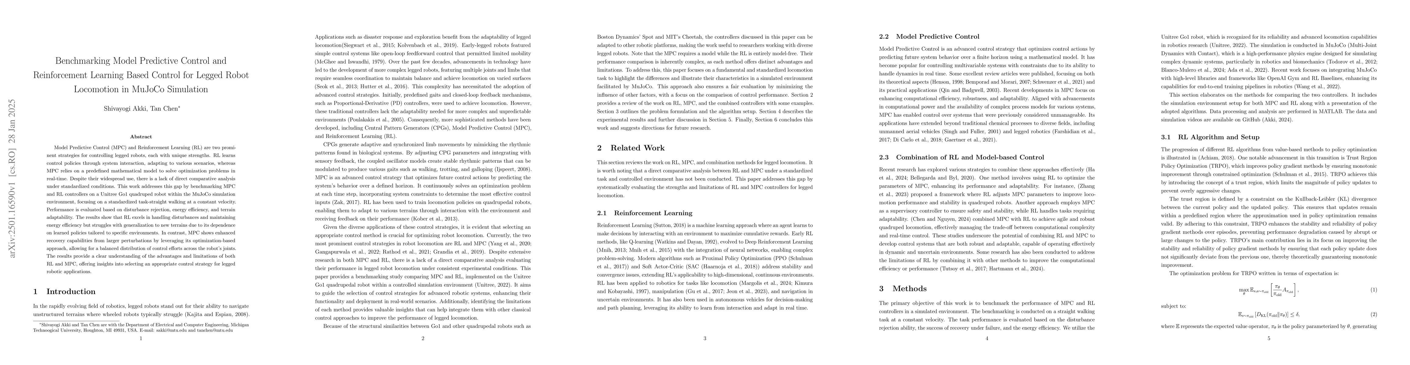 Thumbnail for Benchmarking Model Predictive Control and Reinforcement Learning Based
  Control for Legged Robot Locomotion in MuJoCo Simulation