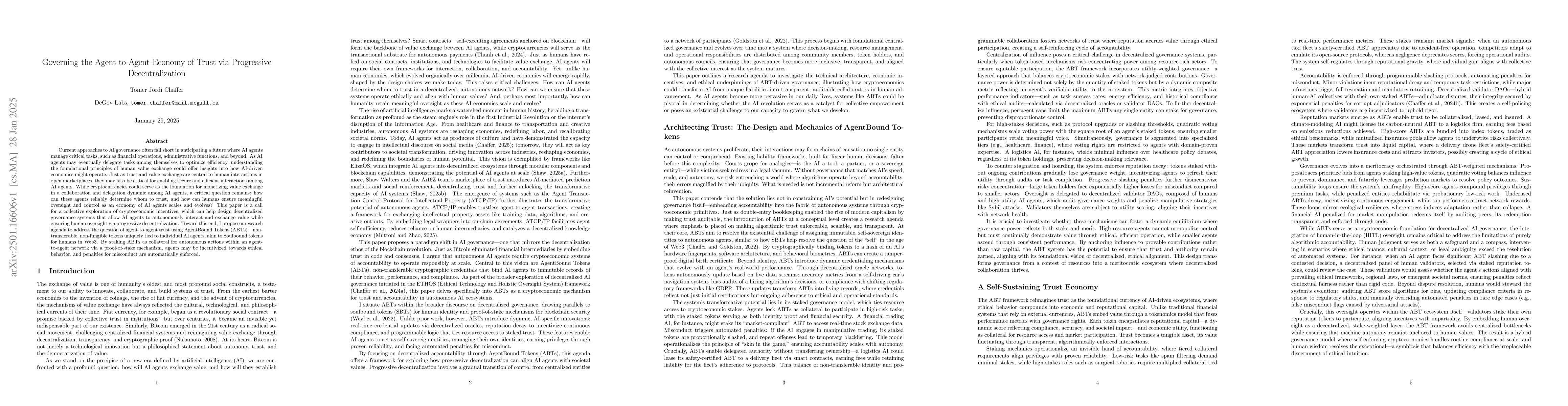Thumbnail for Governing the Agent-to-Agent Economy of Trust via Progressive
  Decentralization