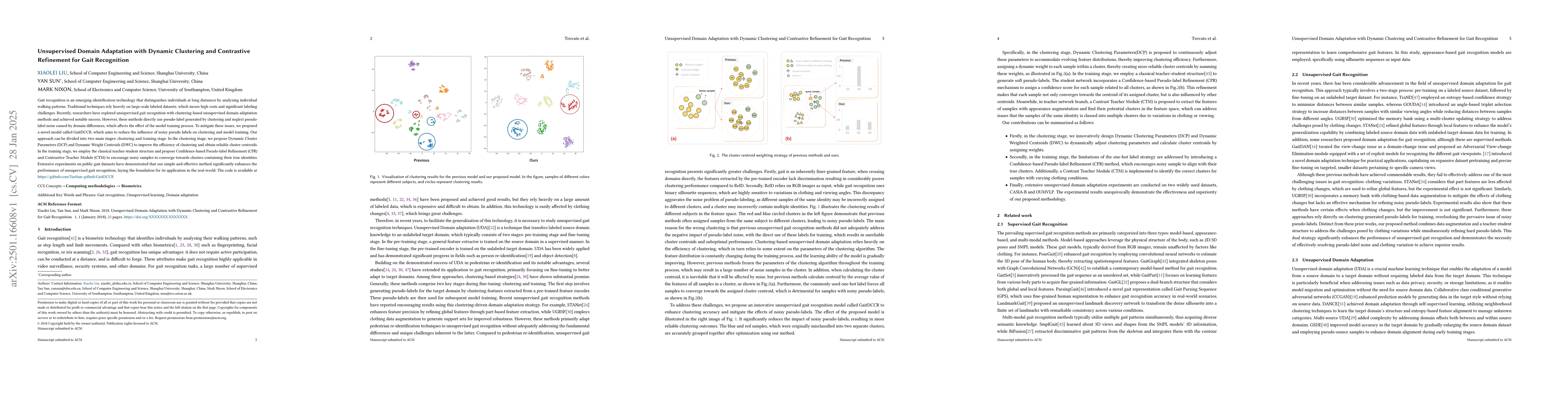 Thumbnail for Unsupervised Domain Adaptation with Dynamic Clustering and Contrastive
  Refinement for Gait Recognition