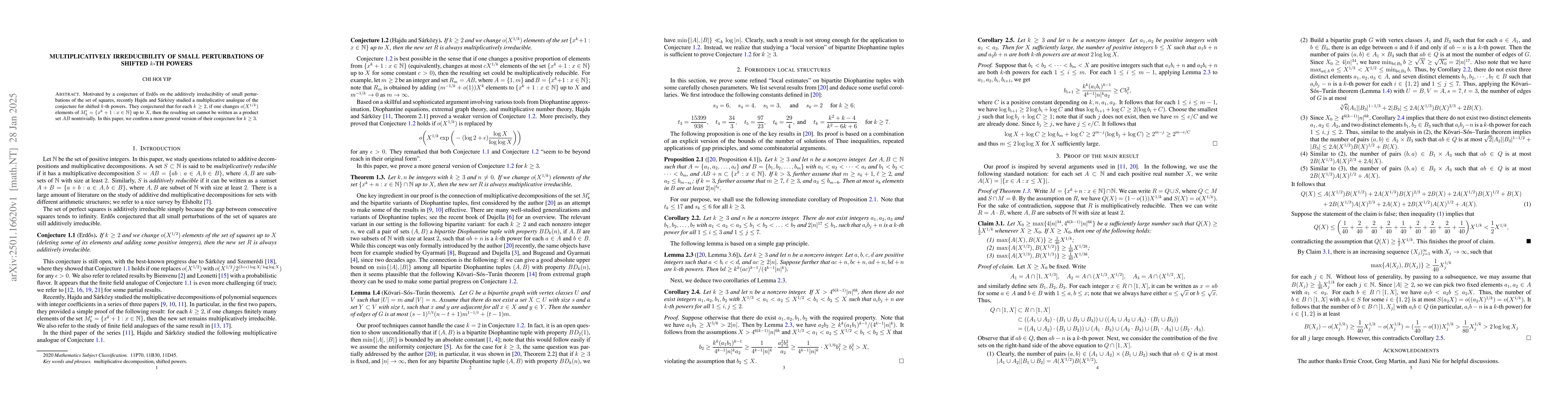 Thumbnail for Multiplicatively irreducibility of small perturbations of shifted $k$-th
  powers