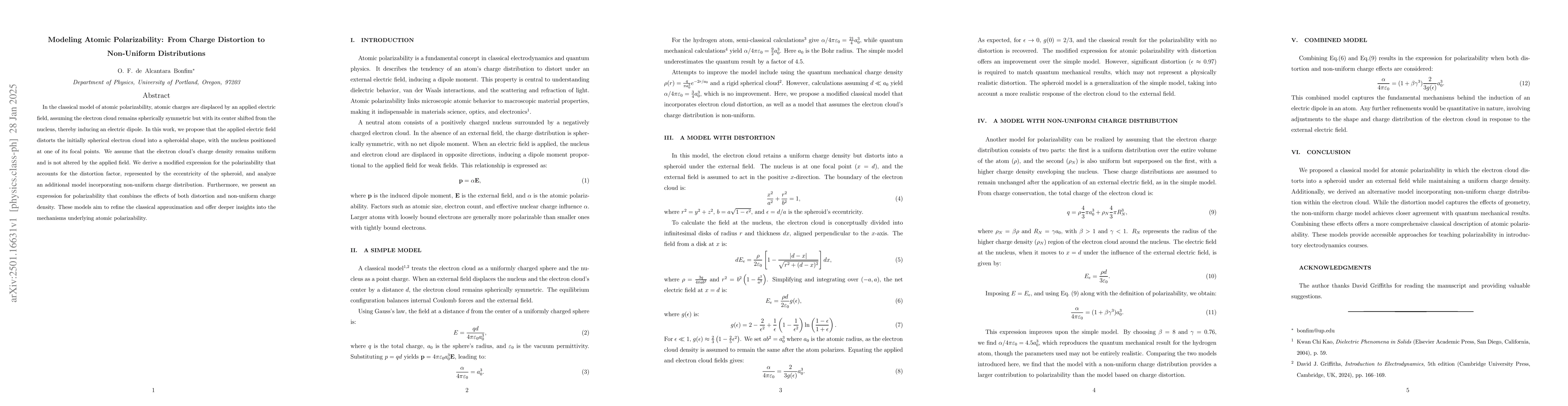 Thumbnail for Modeling Atomic Polarizability: From Charge Distortion to Non-Uniform
  Distributions