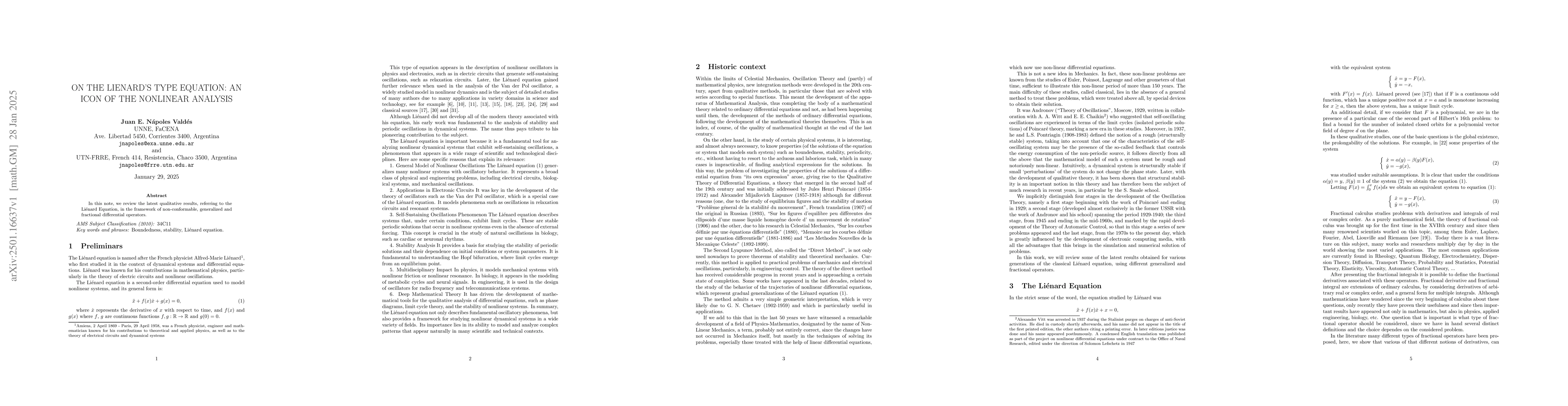 Thumbnail for On the Liénard's type equation: an icon of the Nonlinear Analysis