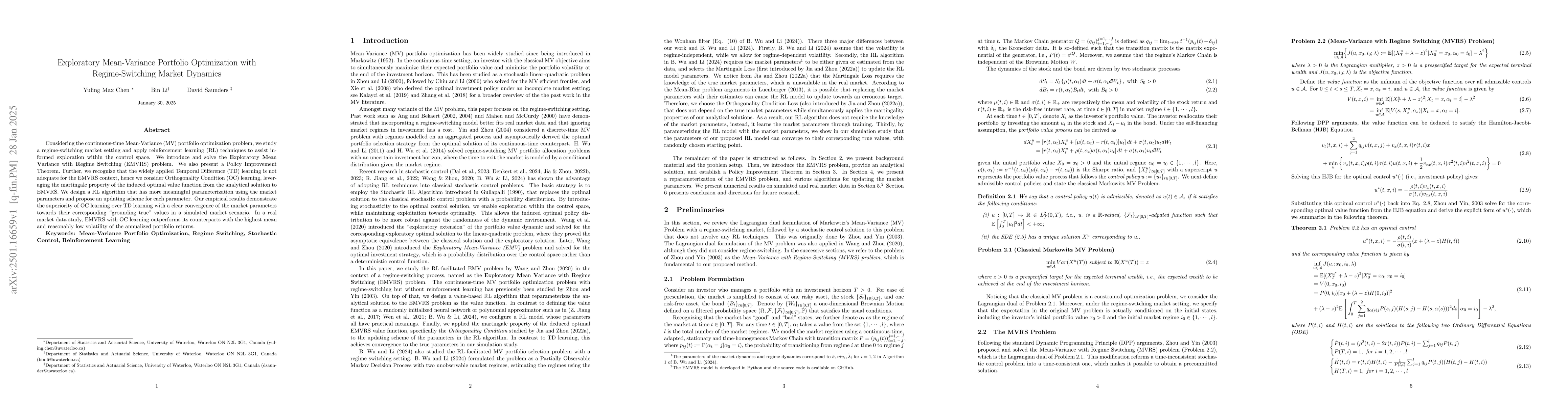 Thumbnail for Exploratory Mean-Variance Portfolio Optimization with Regime-Switching
  Market Dynamics