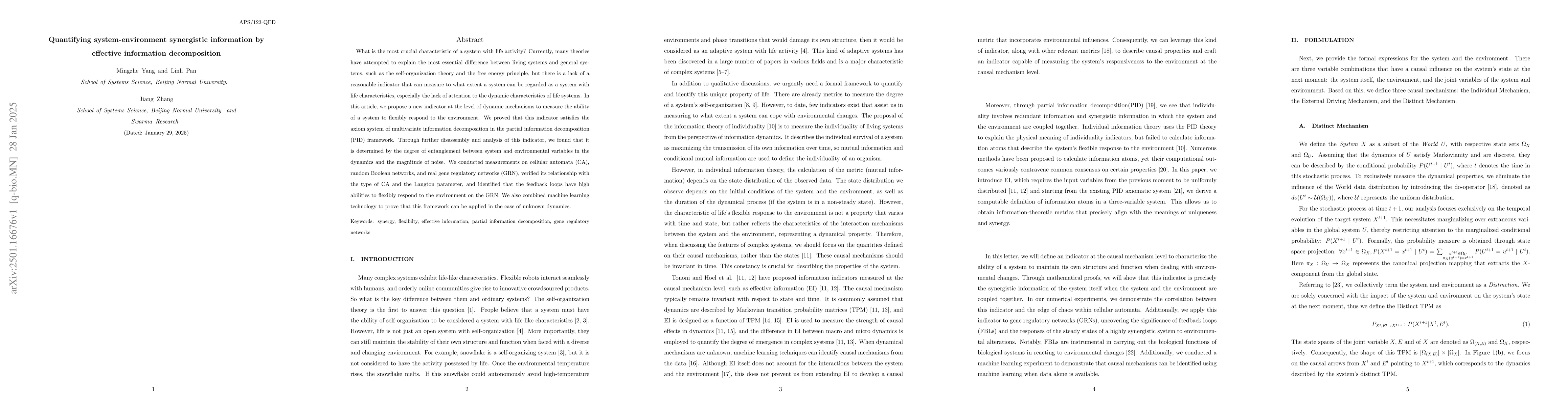 Thumbnail for Quantifying system-environment synergistic information by effective
  information decomposition