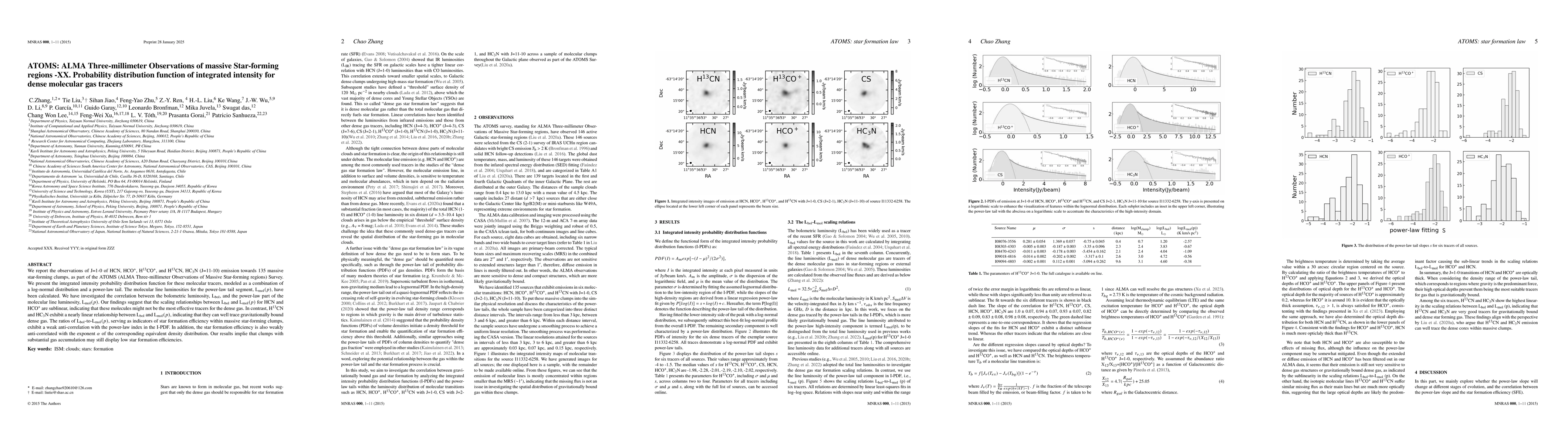 Thumbnail for ATOMS: ALMA Three-millimeter Observations of massive Star-forming
  regions -XX. Probability distribution function of integrated intensity for
  dense molecular gas tracers