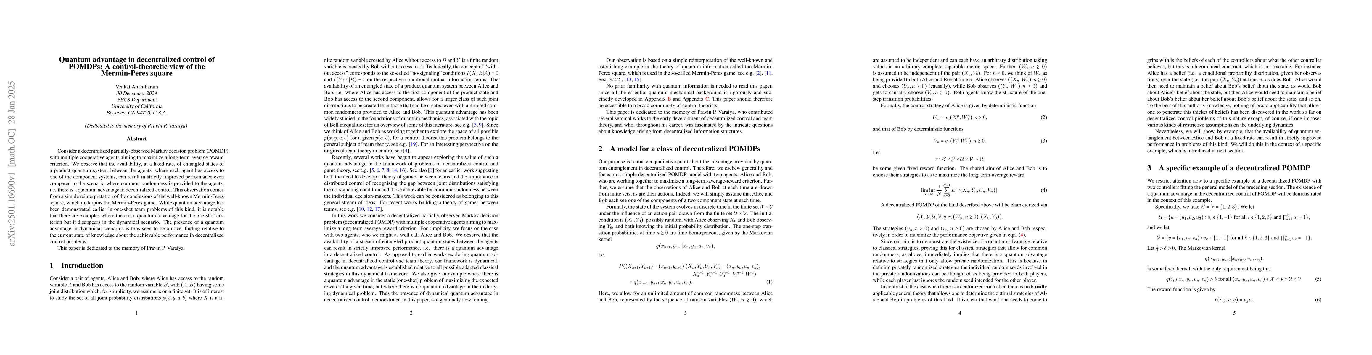 Thumbnail for Quantum advantage in decentralized control of POMDPs: A
  control-theoretic view of the Mermin-Peres square