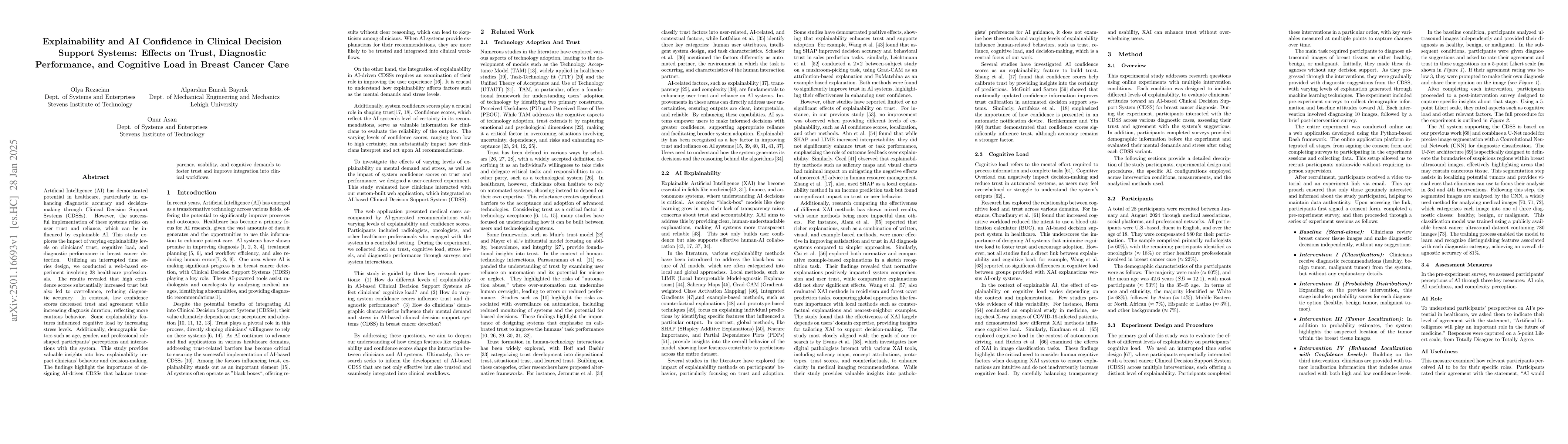 Thumbnail for Explainability and AI Confidence in Clinical Decision Support Systems:
  Effects on Trust, Diagnostic Performance, and Cognitive Load in Breast Cancer
  Care