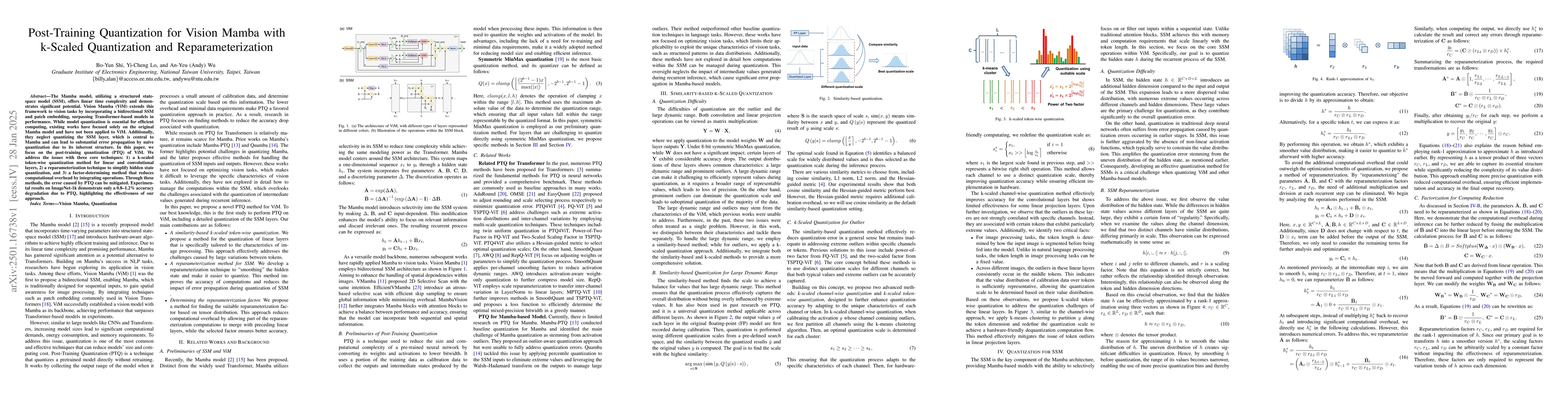 Thumbnail for Post-Training Quantization for Vision Mamba with k-Scaled Quantization
  and Reparameterization