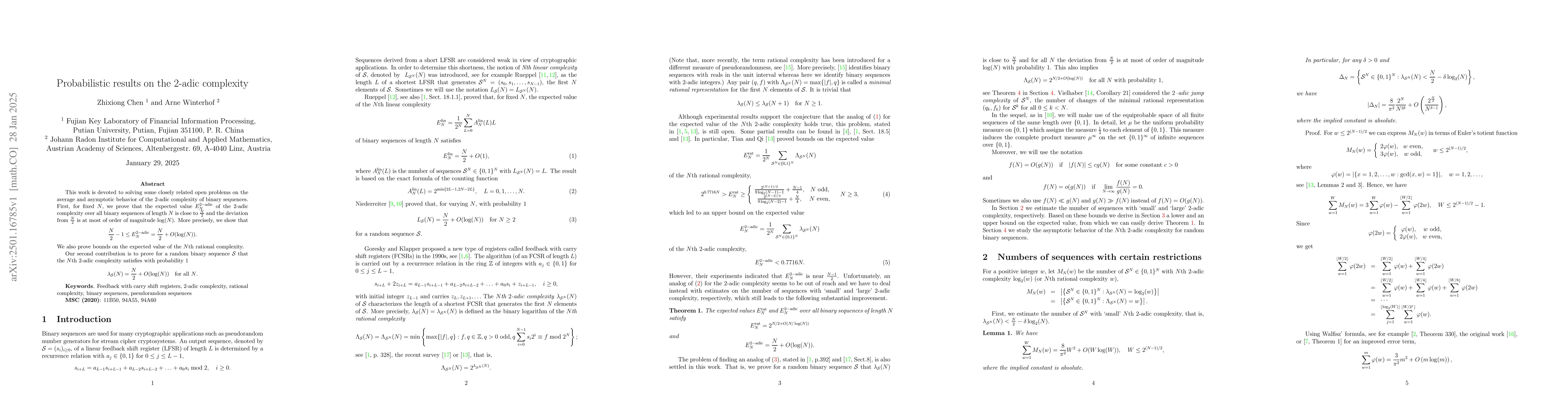 Thumbnail for Probabilistic results on the $2$-adic complexity