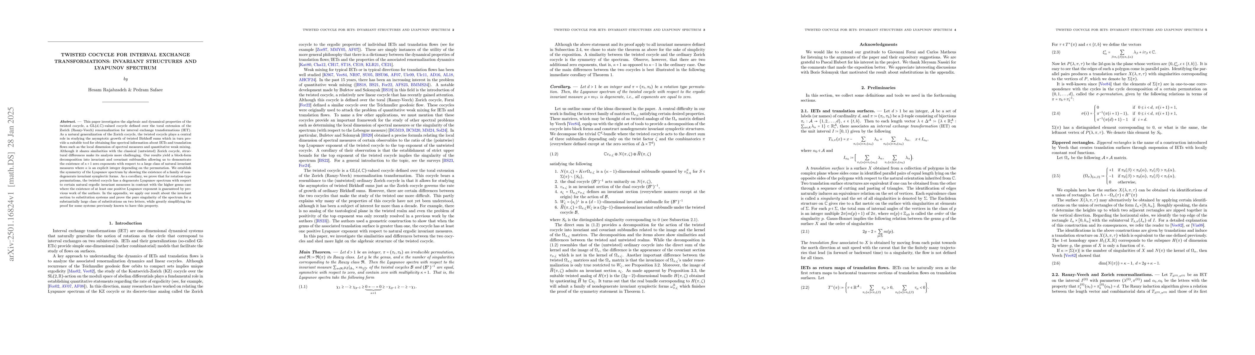 Thumbnail for Twisted cocycle for interval exchange transformations: Invariant
  structures and Lyapunov spectrum