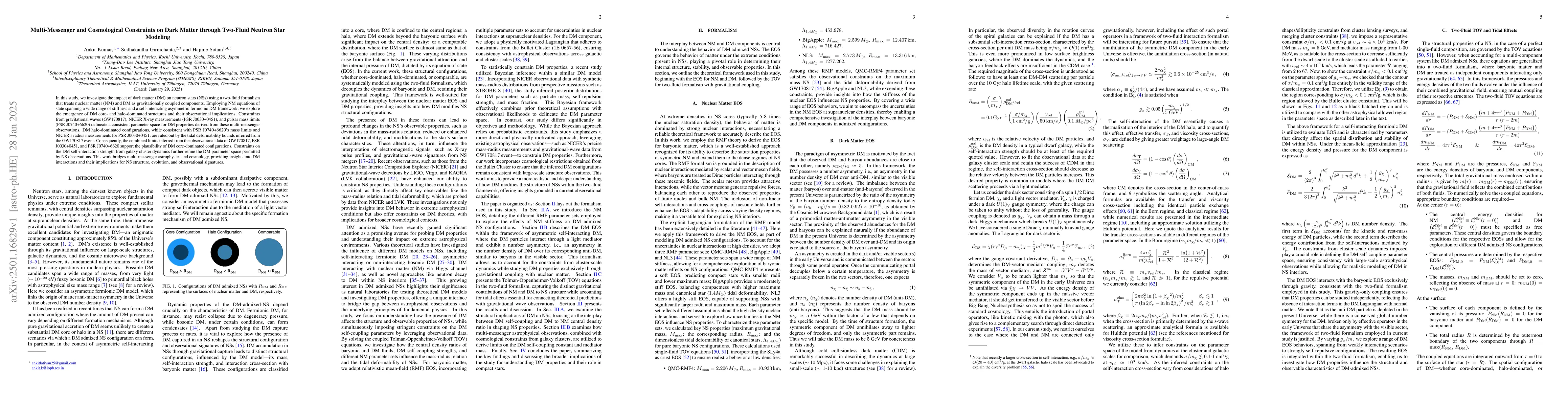 Thumbnail for Multi-Messenger and Cosmological Constraints on Dark Matter through
  Two-Fluid Neutron Star Modeling